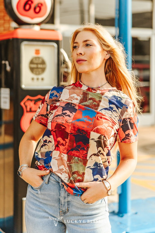 Multi Cowboy Collage Printed Short Sleeve Top