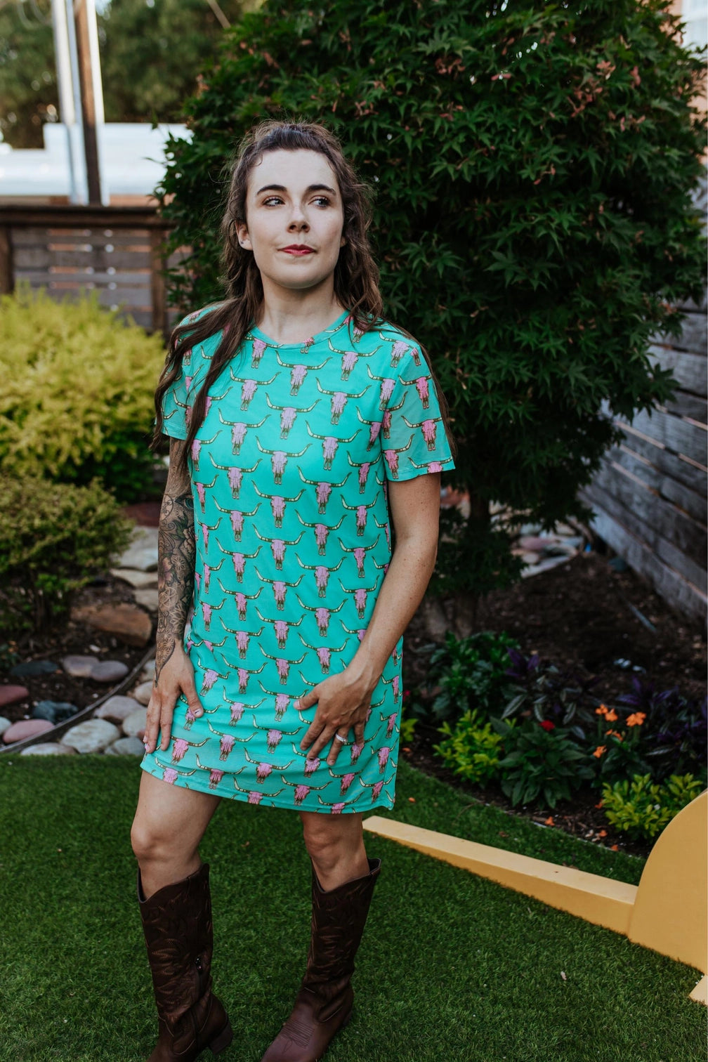Cow Skull Cute Heifer Short Sleeve Mesh Sheath Dress