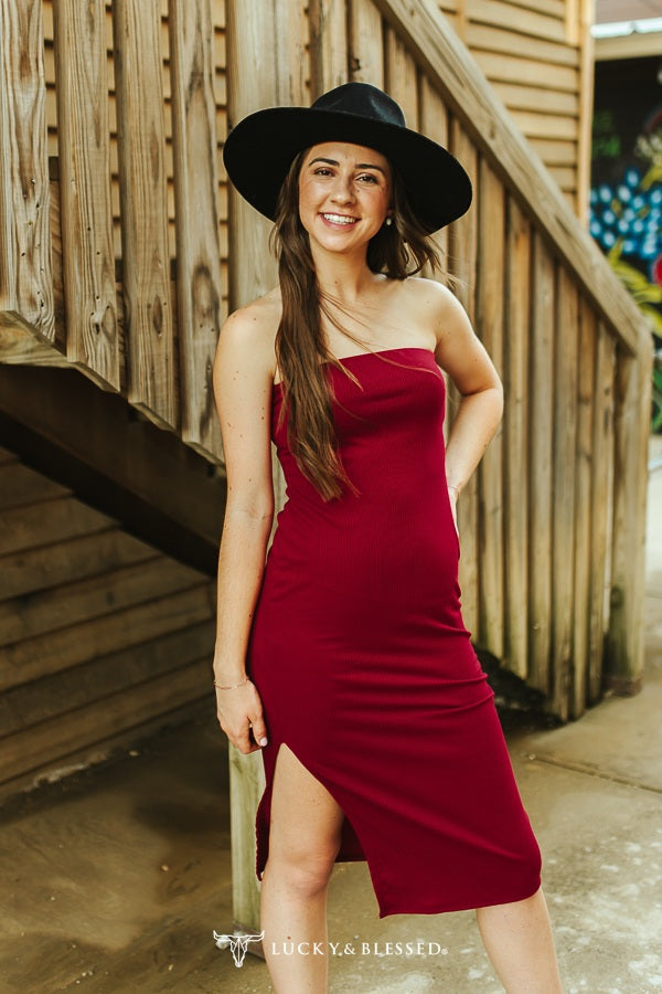 Burgundy Ribbed Strapless Dress W Side Slit Hem