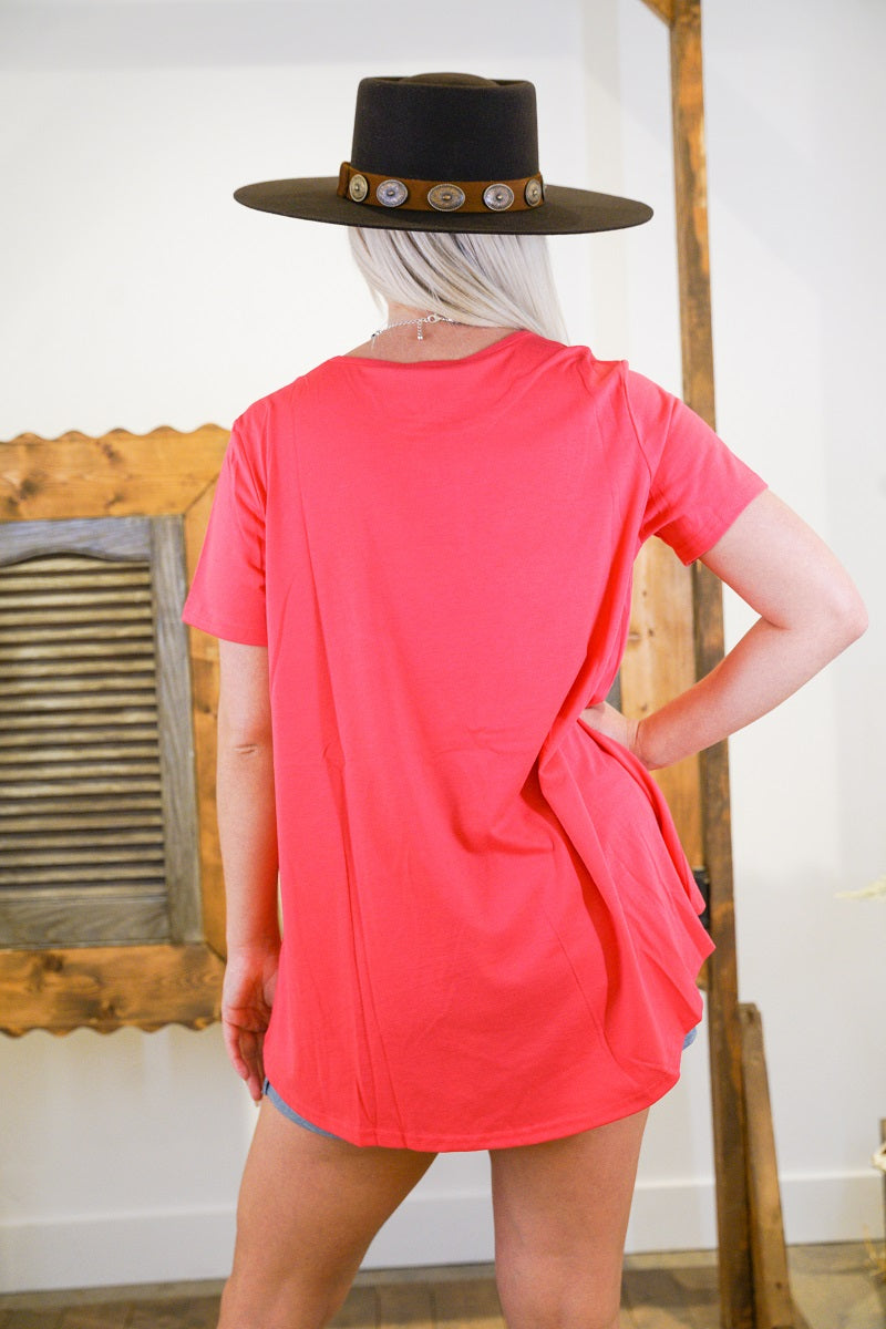 Neon Pink Crewneck Short Sleeve Top W Hi Low Hem