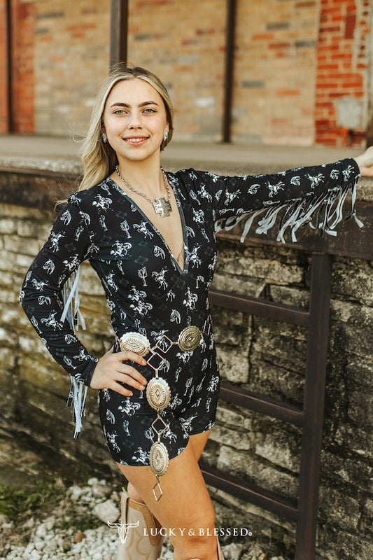Black Western Desert Printed Fringe Romper