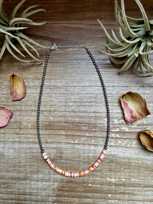 15-Inch Spiny Oyster Heishi Necklace – Sterling Silver Pearls, Handmade