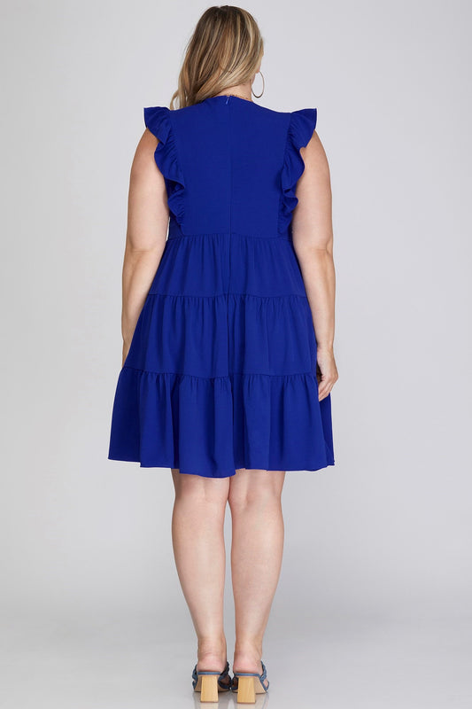 SLEEVELESS WOVEN RUFFLED DRESS WITH V SHAPE NECKLINE
