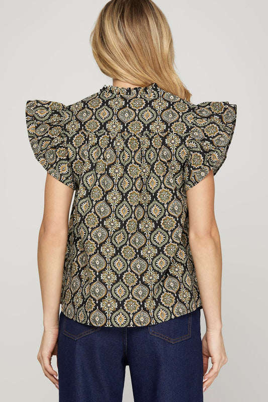 RUFFLE SLEEVE SMOCKED DETAIL PRINTED WOVEN TOP