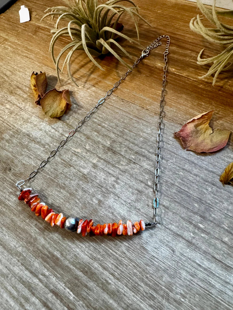 Paperclip Chain Necklace – Spiny Oyster Chip & Sterling Silver Pearl