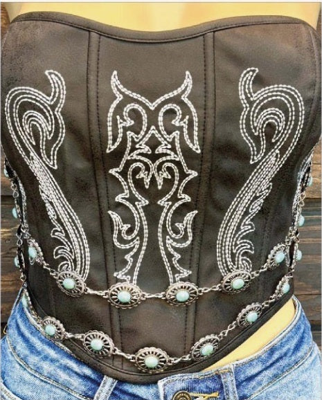 Black Charcoal Boot Stitch Concho Chain Detail Corset