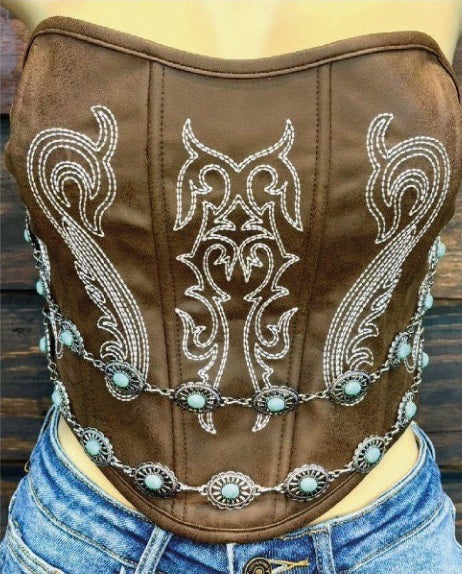 Brown Boot Stitch Concho Chain Detail Corset
