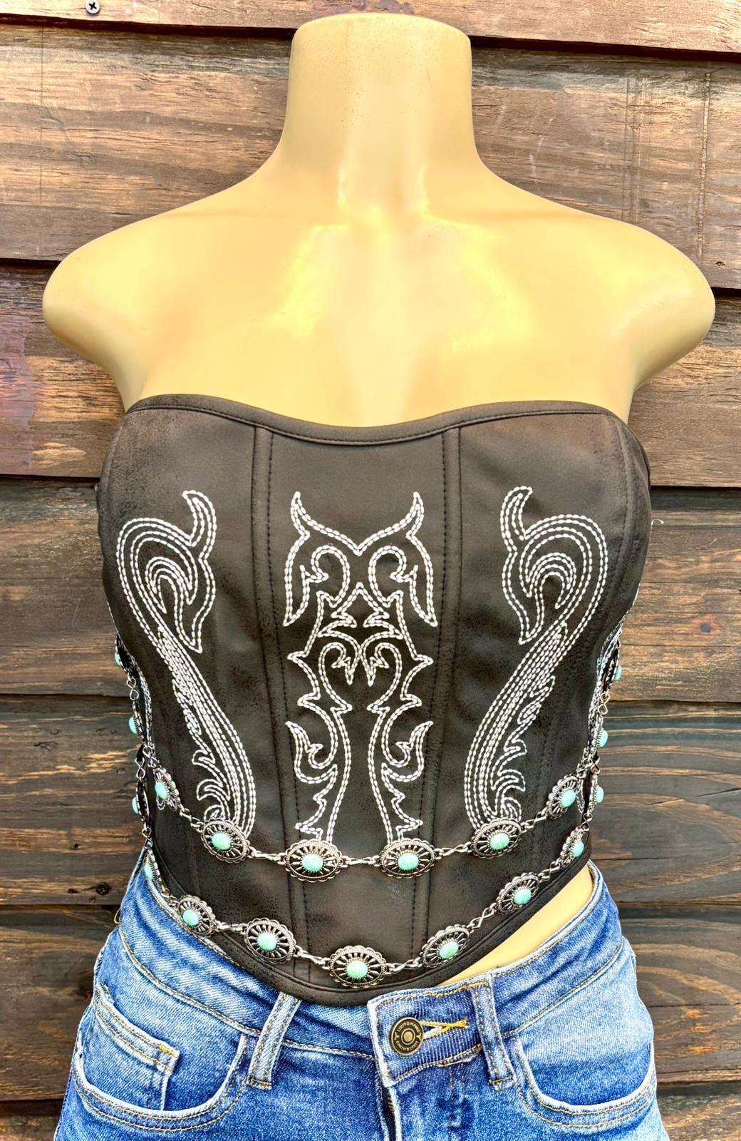 Black Charcoal Boot Stitch Concho Chain Detail Corset