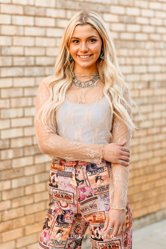 Beige Mesh Long Sleeve Stretch Top