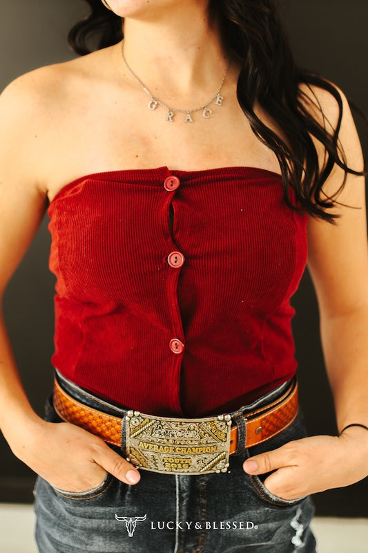 Burgundy Stretch Corduroy Button Down Strapless Corset Top