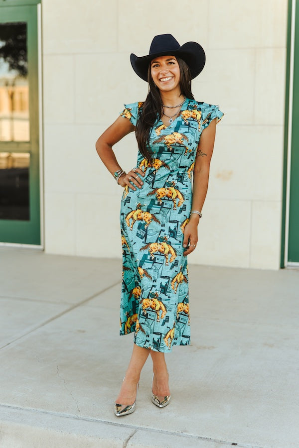 Horse Collage Printed Ruffle Hem Maxi Dress