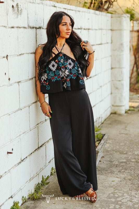 Black Floral Aztec Embroidered Halter Neck Tie Jumpsuit