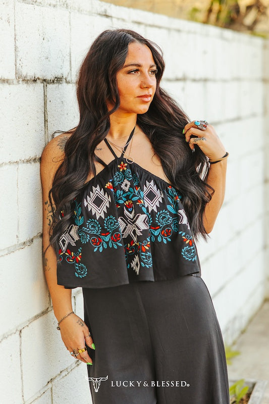 Black Floral Aztec Embroidered Halter Neck Tie Jumpsuit