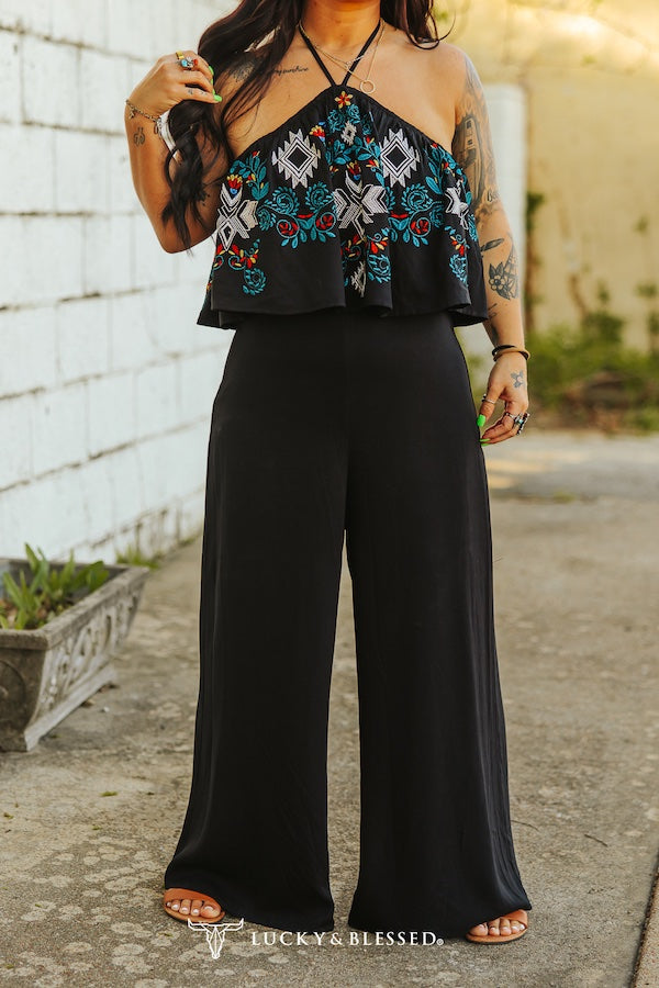 Black Floral Aztec Embroidered Halter Neck Tie Jumpsuit