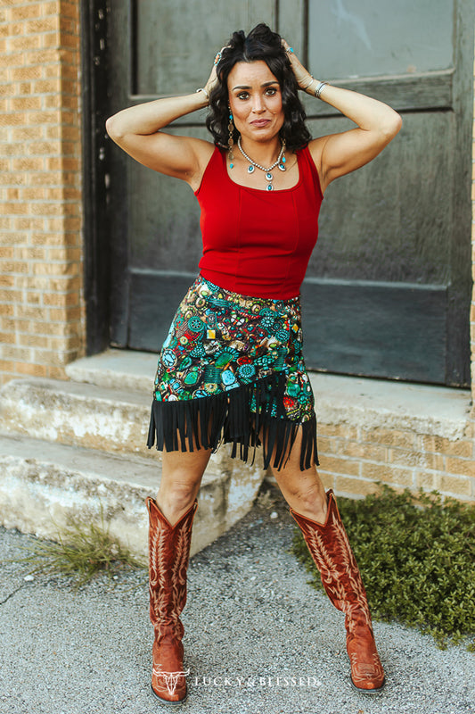 Turquoise Stone Jewelry Printed Wrap Fringe Skirt