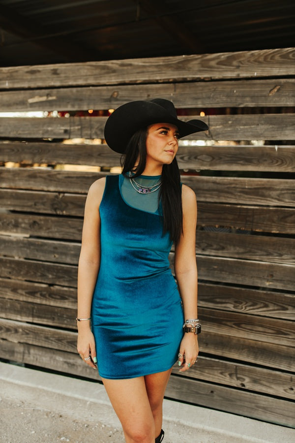 Teal Velvet Sleeveless Dress W Mesh Upper Detail