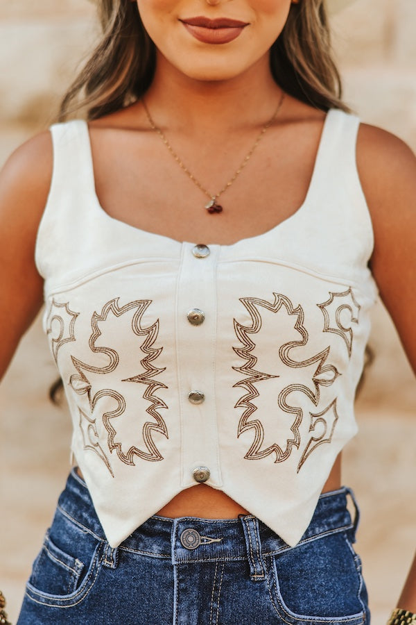 Ivory Stretch Suede Boot Stitch Embroidered Concho Buttons Button Down Corset Top