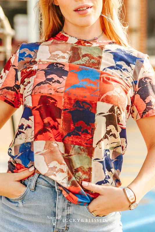 Multi Cowboy Collage Printed Short Sleeve Top