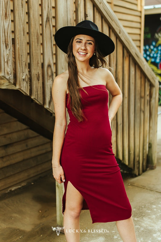 Burgundy Ribbed Strapless Dress W Side Slit Hem