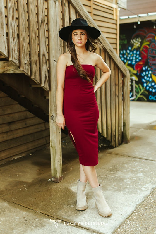 Burgundy Ribbed Strapless Dress W Side Slit Hem
