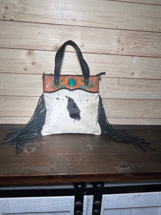 Cowhide and Turquoise with Tooled Leather Bag