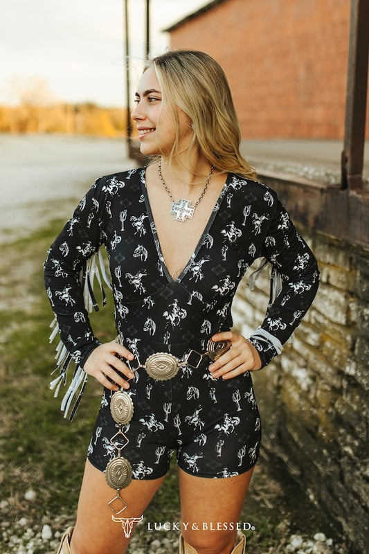 Black Western Desert Printed Fringe Romper
