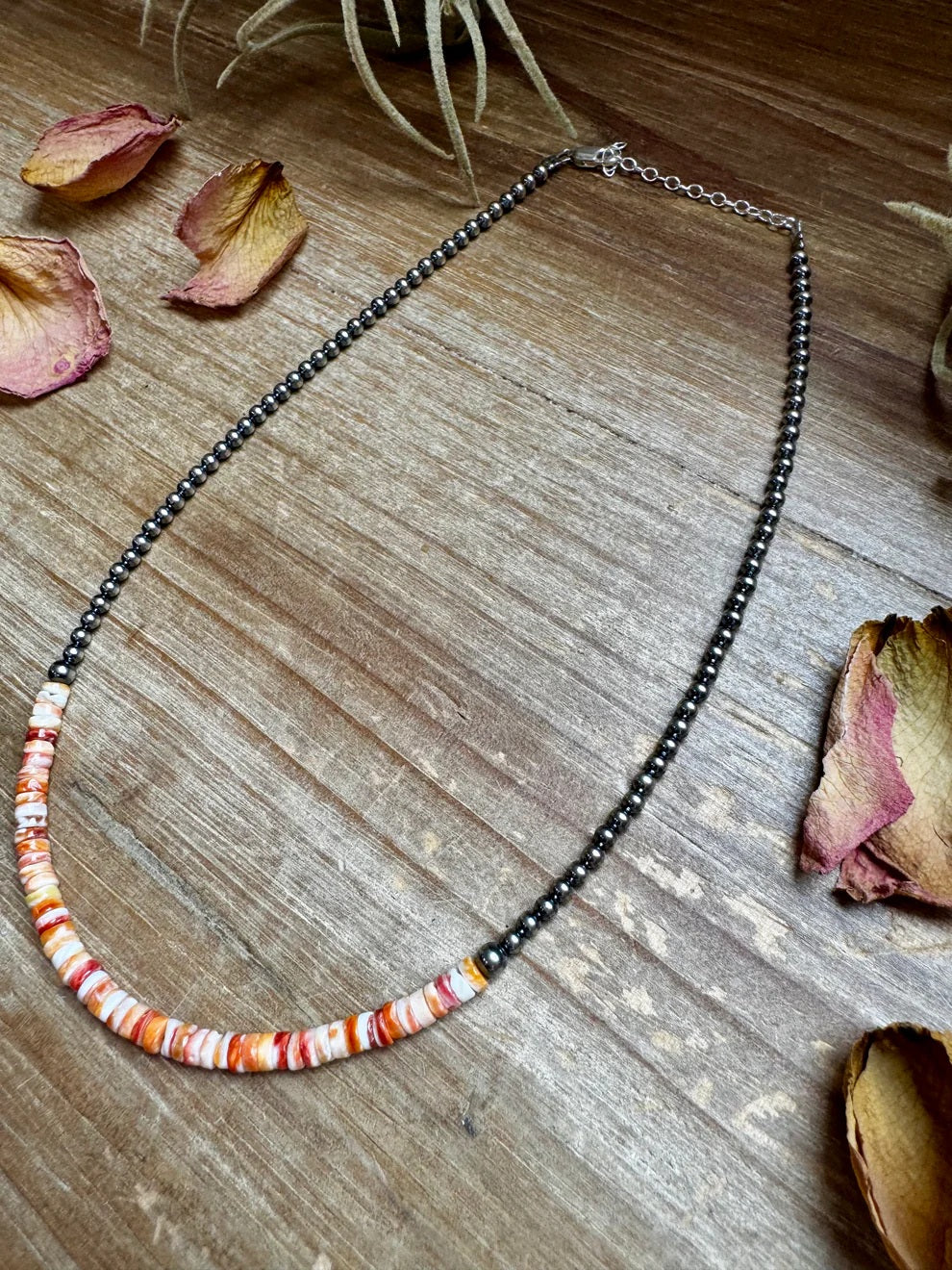15-Inch Spiny Oyster Heishi Necklace – Sterling Silver Pearls, Handmade