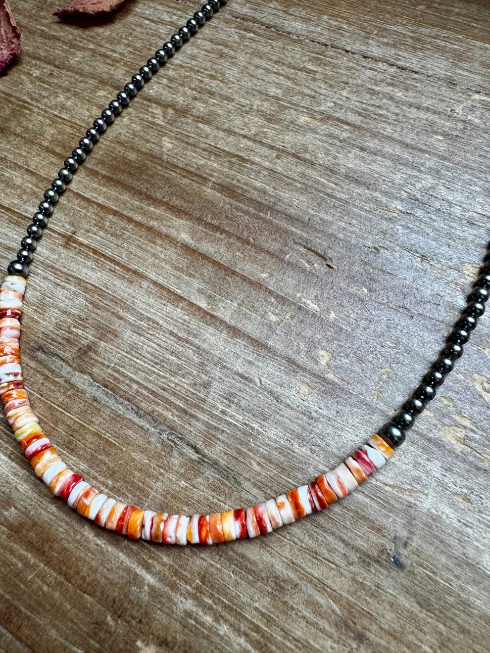 15-Inch Spiny Oyster Heishi Necklace – Sterling Silver Pearls, Handmade