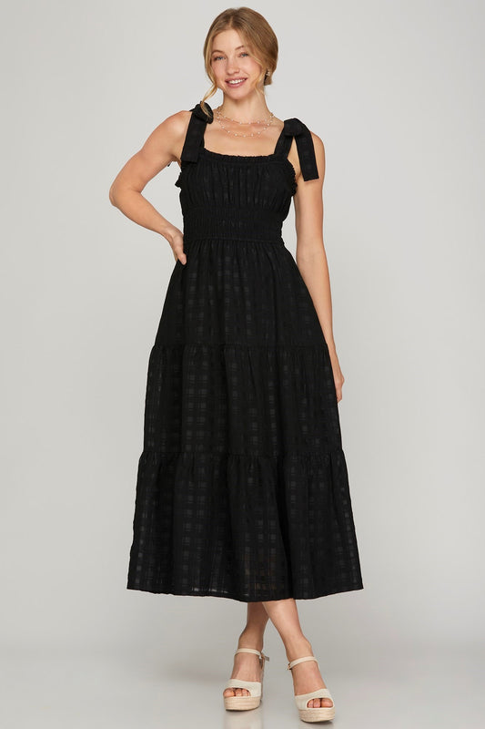 SLEEVELESS TIE STRAP TEXTURED WOVEN MIDI TIERED DRESS