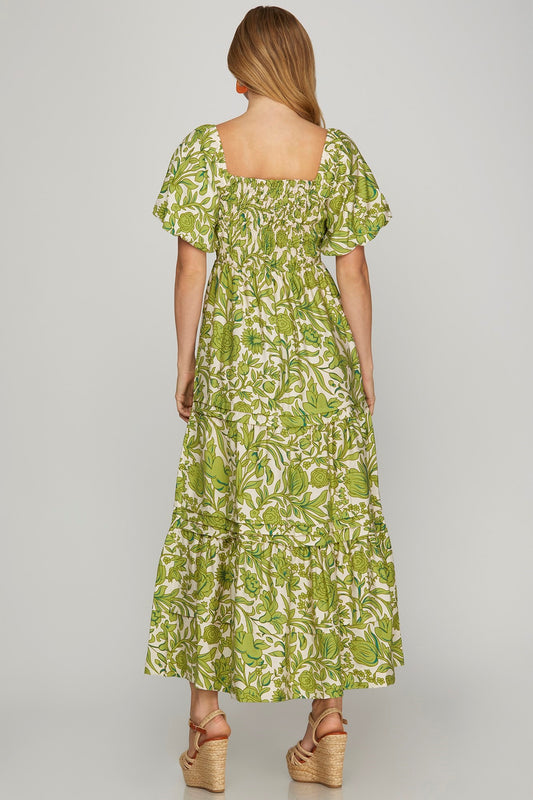 PUFF SLEEVE SMOCKED FLORAL PRINT  DRESS