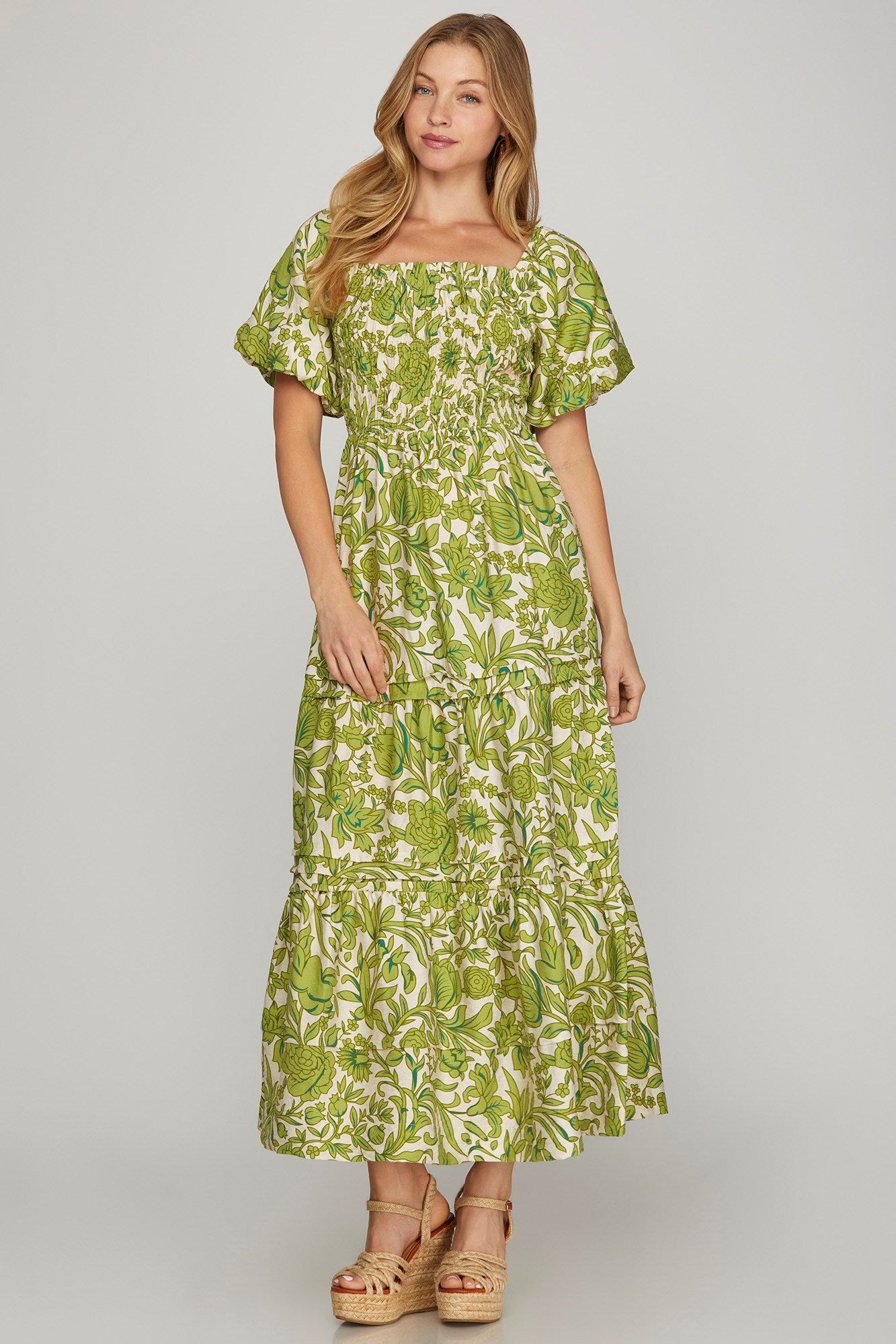 PUFF SLEEVE SMOCKED FLORAL PRINT  DRESS