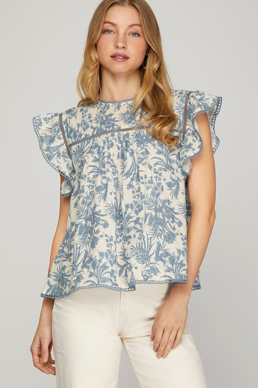 RUFFLE SLEEVE WOVEN PRINT PINTUCK TOP