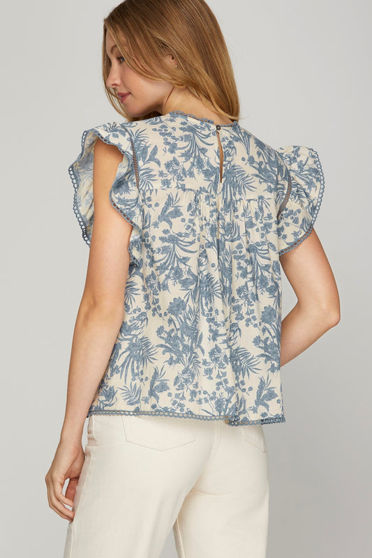 RUFFLE SLEEVE WOVEN PRINT PINTUCK TOP