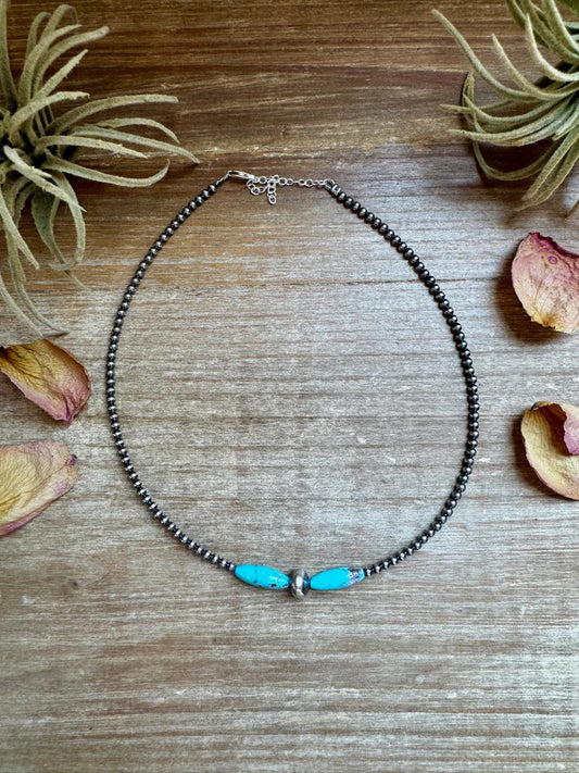 15-Inch Sterling Silver Pearl & Blue Turquoise Torpedo Choker