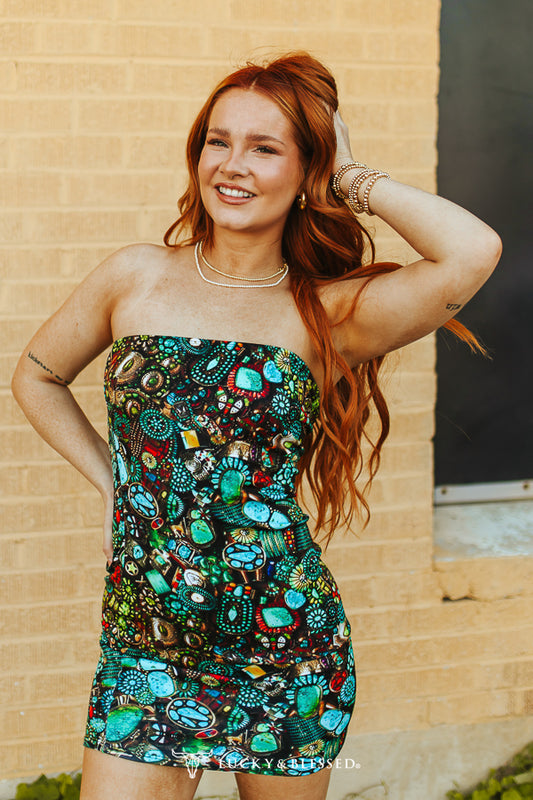 Turquoise Stone Jewelry Printed Printed Strapless Dress