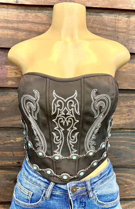 Black Charcoal Boot Stitch Concho Chain Detail Corset