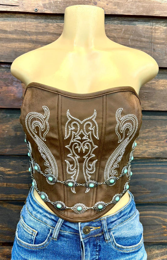 Brown Boot Stitch Concho Chain Detail Corset