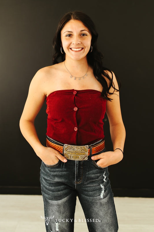 Burgundy Stretch Corduroy Button Down Strapless Corset Top