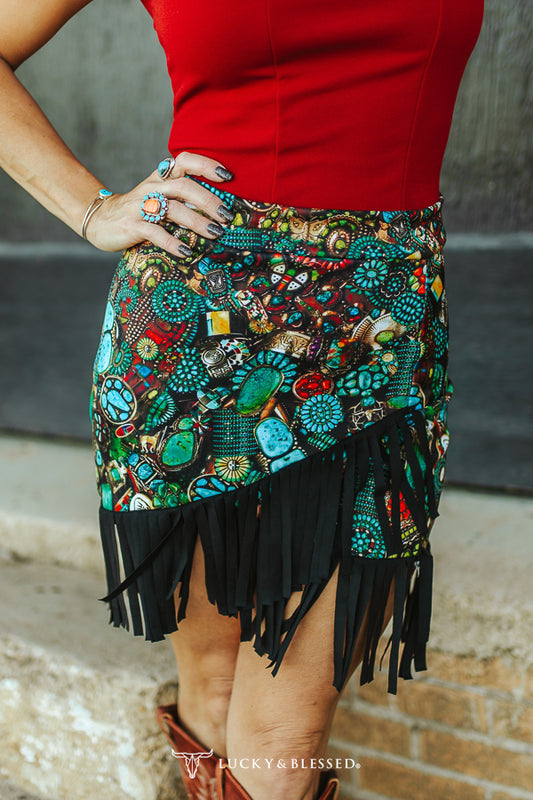 Turquoise Stone Jewelry Printed Wrap Fringe Skirt